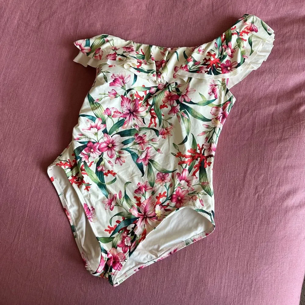 Carmen Marc Valvo | Size 14 One Shoulder Floral Print Ruffle One Piece Swimsuit